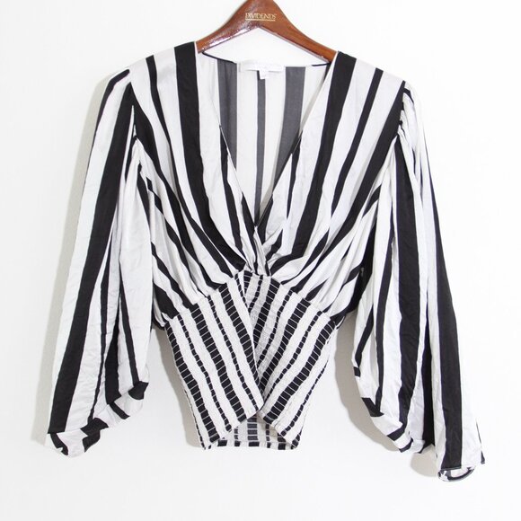 Caroline Constas 100% Silk Blouse Top Stripe Black White V-Neck Smocked Medium - Picture 1 of 11